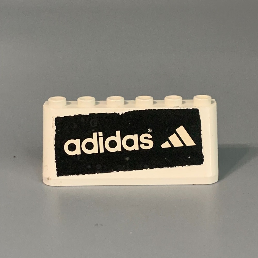 Adidas Logo Branded Building Block 2x4 Sloped Brick White Black Graphic Piece - Picture 1 of 2